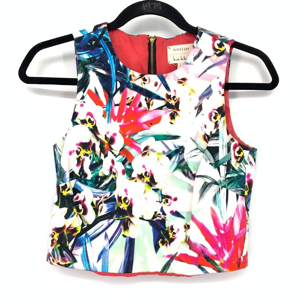Nicole Miller Artelier Cropped Sleeveless Blouse Womens Sz P US XS Floral Print